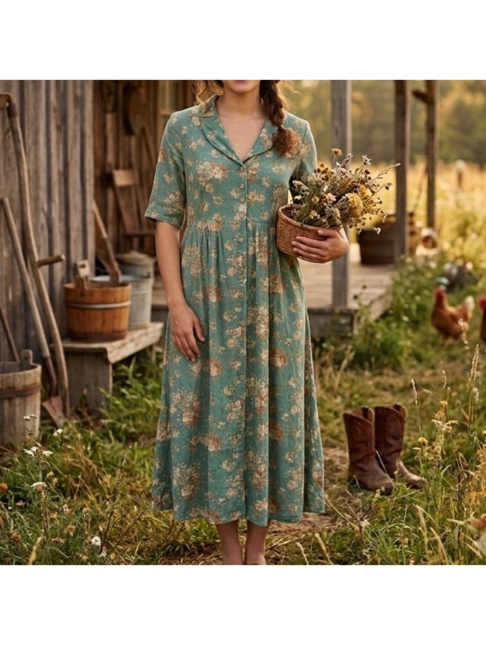 April Cornell prarie cottage core Floral Green Midi full button Dress  Medium